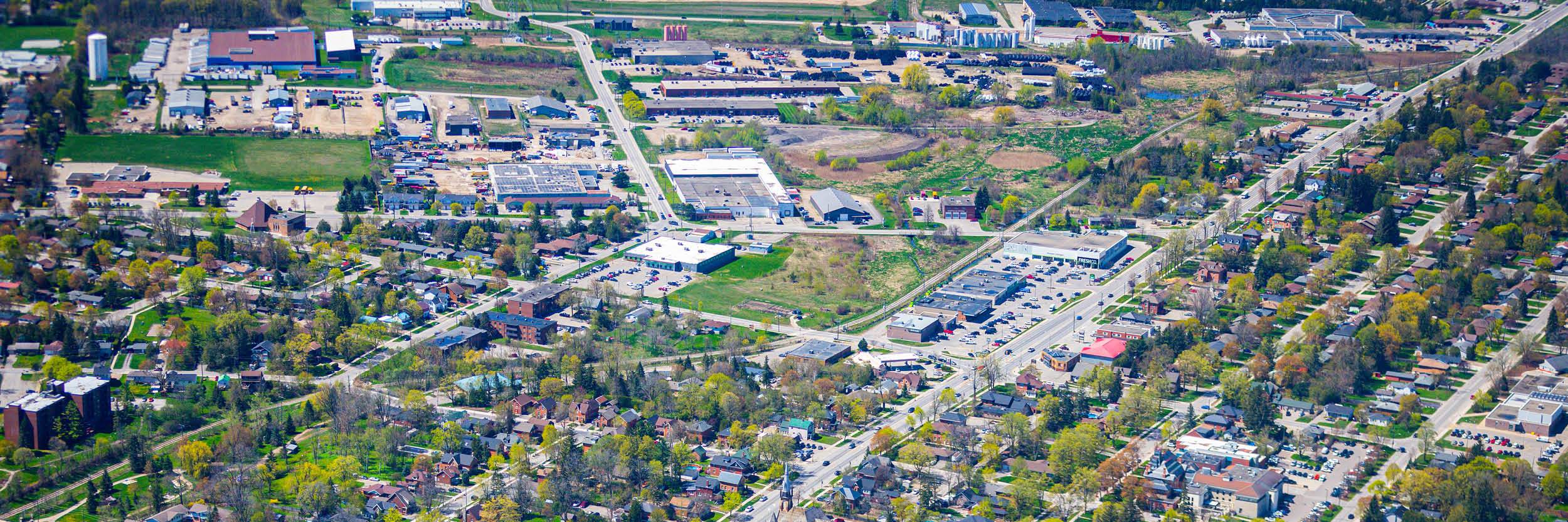 Aerial view of industrial buildings in Orangeville
