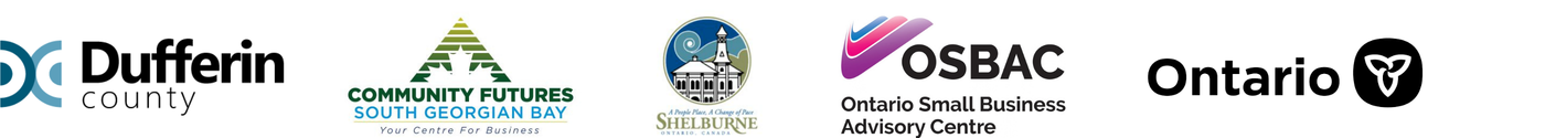 A row of partner organization logos on a white background: Dufferin County, Community Futures South Georgian Bay, the Town of Shelburne, the Ontario Small Business Advisory Centre (OSBAC), and Ontario.