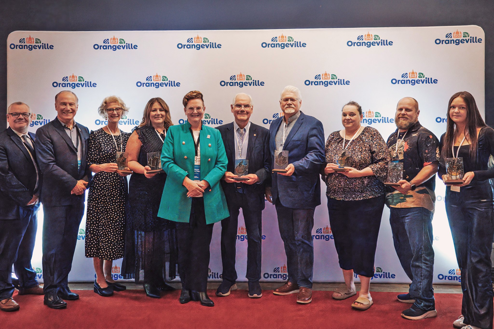 The Town of Orangeville's inaugural Community Recognition Award winners from left to right: Councillor Stevens, Councillor Andrews, Jane Lightle, Jaime Daniels, Mayor Post, Adrian Maes, Sandy Brown, Jennifer Betz, Brian Hooper and Olivia McConnell
