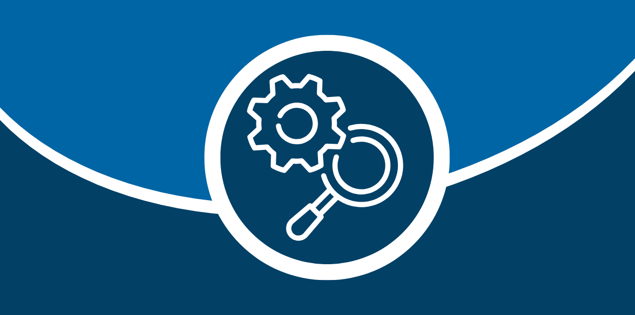 Gear and magnifying glass icon within a blue circle, intersecting two shades of blue