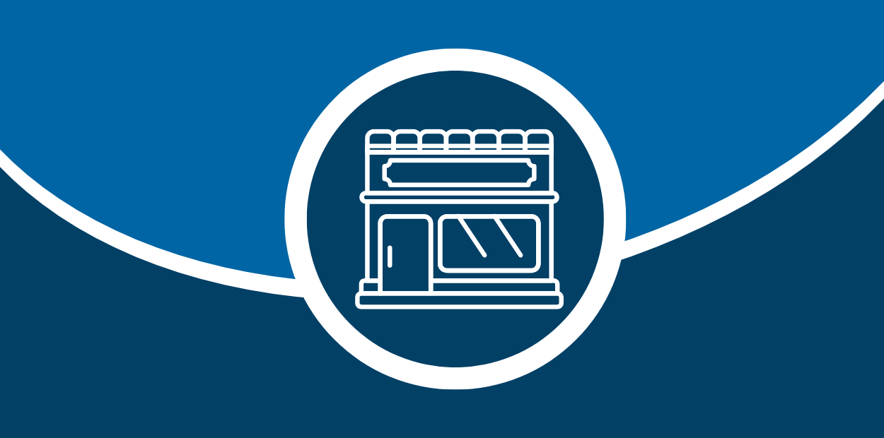 Storefront icon within a blue circle, intersecting two shades of blue, suggesting community or commercial focus