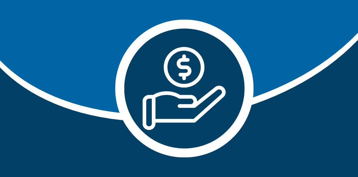 hand holding a dollar sign icon within a blue circle, intersecting two shades of blue