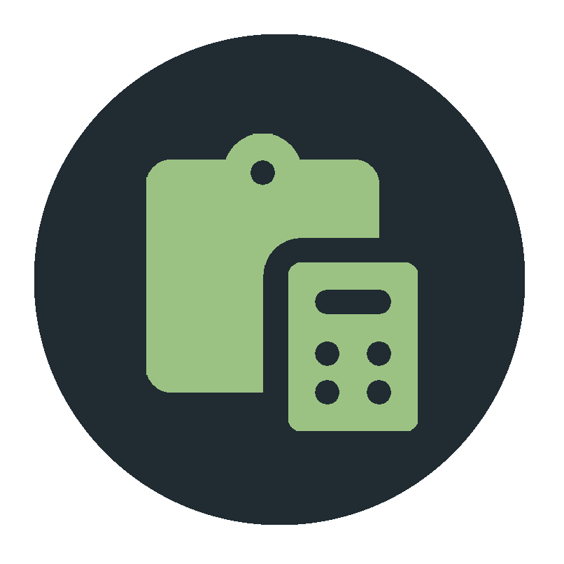 An icon of a clipboard and calculator