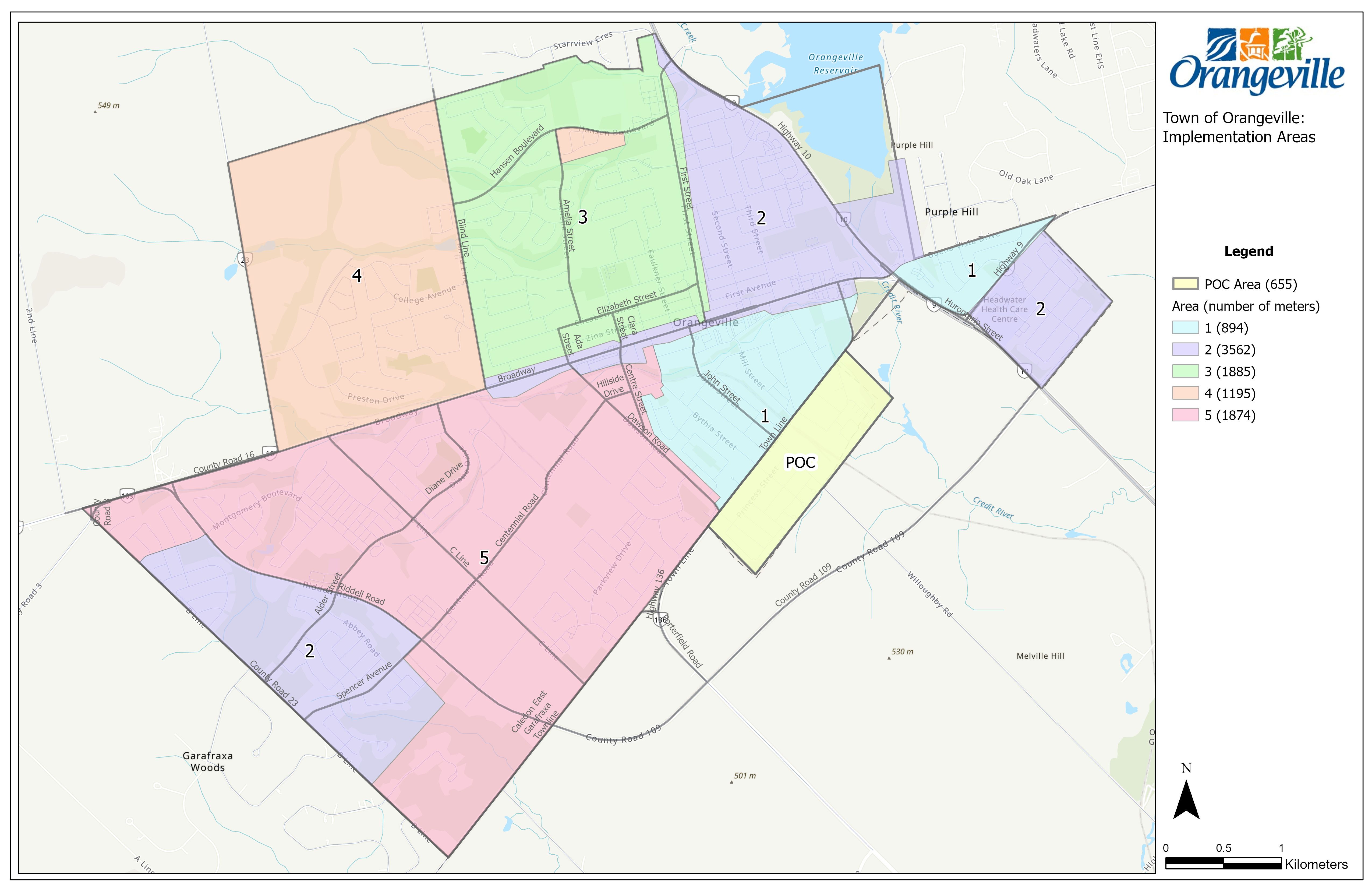 A map marking out the installation areas in order for the Town's Water Meter Upgrade Project