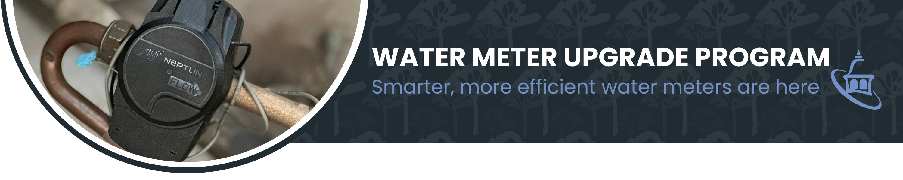 A web banner with an image of a water meter. The banner says Water Meter Upgrade Program