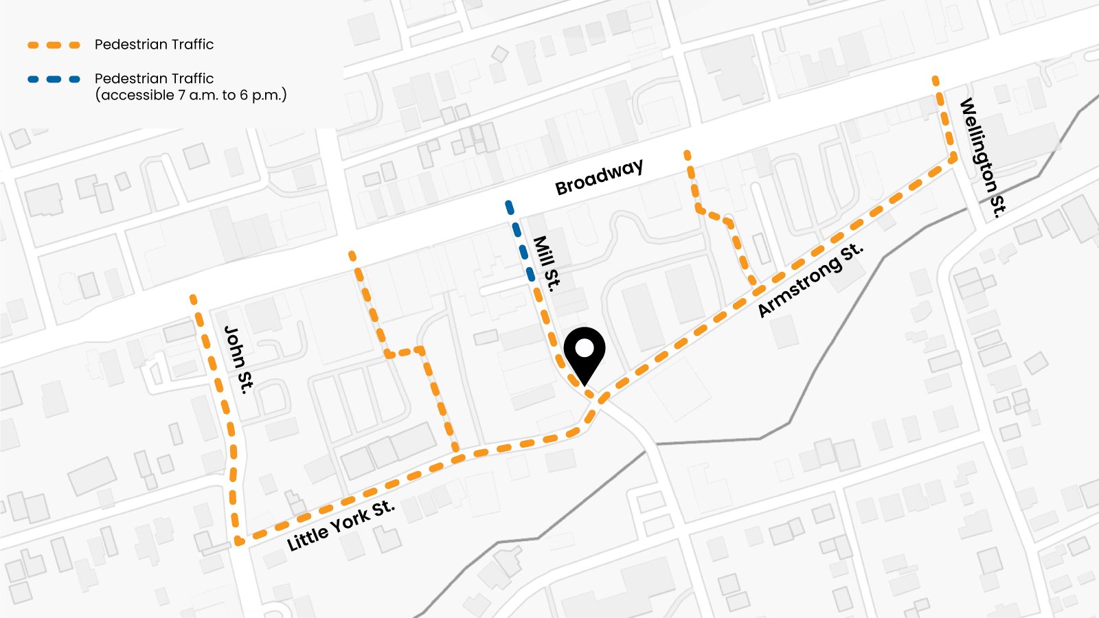 A map for pedestrians to access Mill Street during filming