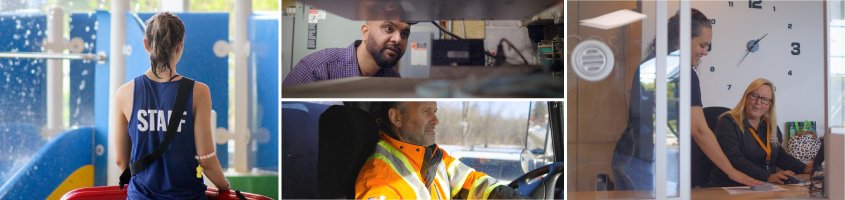 Several photos in a collage to make a banner. Left: a lifeguard with a blue shirt and the words staff across the back stands in front of a water playground with water drops splashing. Centre, top: a person looks inside a machine. Centre, bottom: a public works operator drives a vehicle. Right: two people speak in an office.