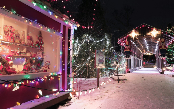 A wooden foot bridge covered in holiday lights at night