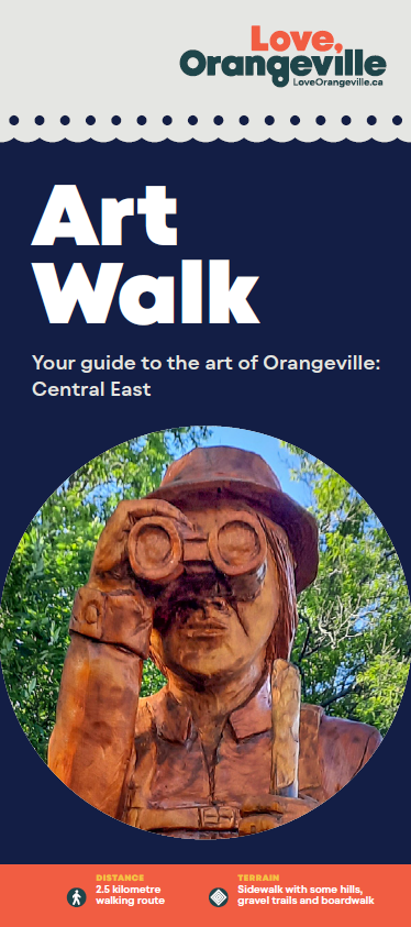 Cover of art guide brochure. There is a image of a wooden carved squirrel tree of a person looking through binoculars and the copy reads "Art Walk, your guide to the art of Orangeville: Central East" 