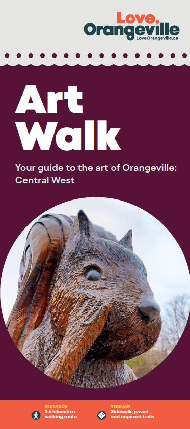 Cover of art guide brochure. There is a image of a wooden carved squirrel tree sculpture and the copy reads "Art Walk, your guide to the art of Orangeville: Central West" 